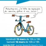Affiche de l'opération "grand déstockage de vélos adultes et enfants ", mars 2019. ©CC37-dessin Joël Dugain