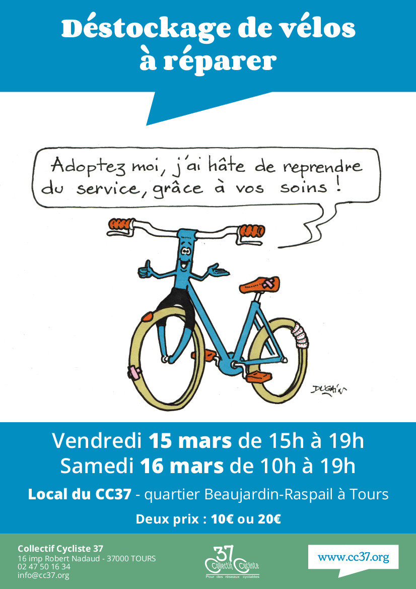 Affiche de l'opération "grand déstockage de vélos adultes et enfants ", mars 2019. ©CC37-dessin Joël Dugain