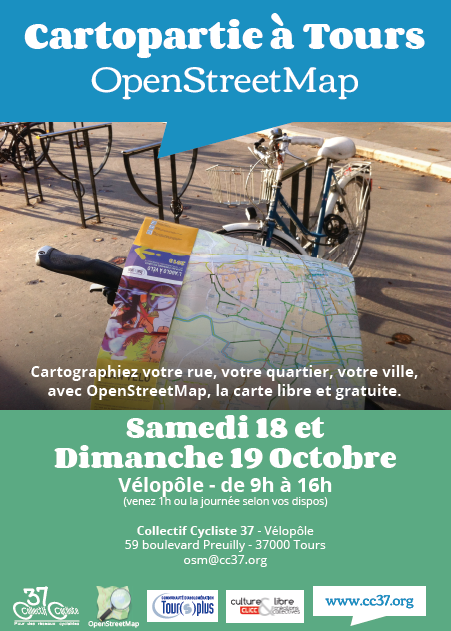 Affiche annonçant la cartopartie Openstreetmap des 18 et 19 octobre 2014 à Tours. @CC37