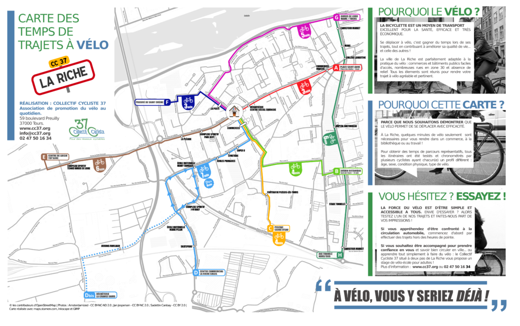 Carte des temps de trajets à vélo sur la commune de La Riche. @CC37, 2015.