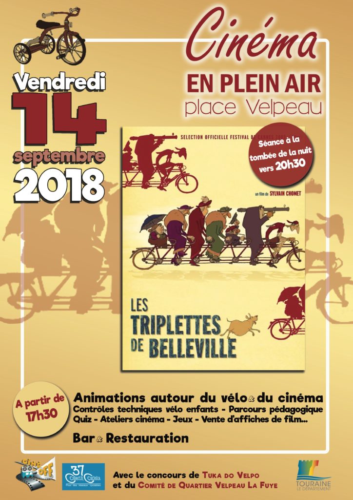 Affiche officielle de l'évènement "Cinéma en plein air place Velpeau" le vendredi 14 septembre 2018. 