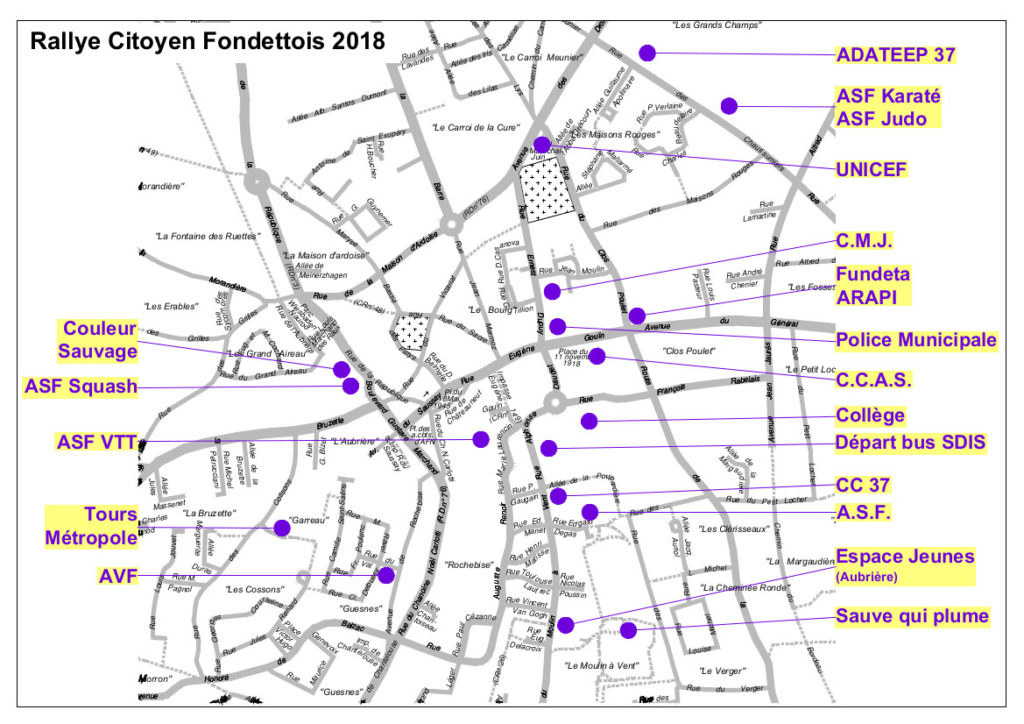 Implantation des différents stands lors de l'édition 2018 du Rallye citoyen fondettois. @Ville de Fondettes