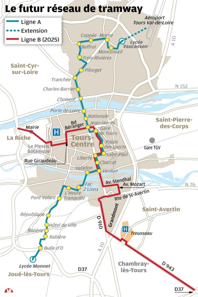 Infographie relative au futur réseau de tramway de l'agglomération tourangelle à échéance 2025. @Nouvelle République, 2018.