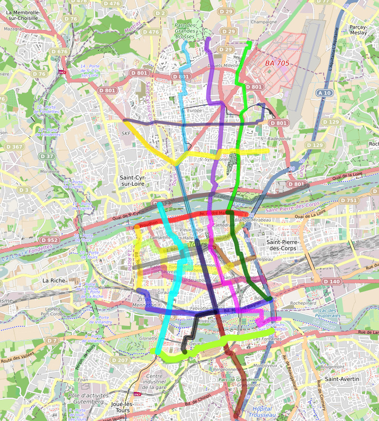 Vue globale des 21 lignes de la future carte des temps de trajets à Tours.