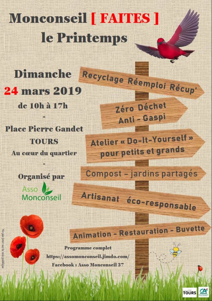 Flyer officiel de la manifestation "Monconseil Faites le Printemps", dimanche 24 mars 2019 à Monconseil, Tours.