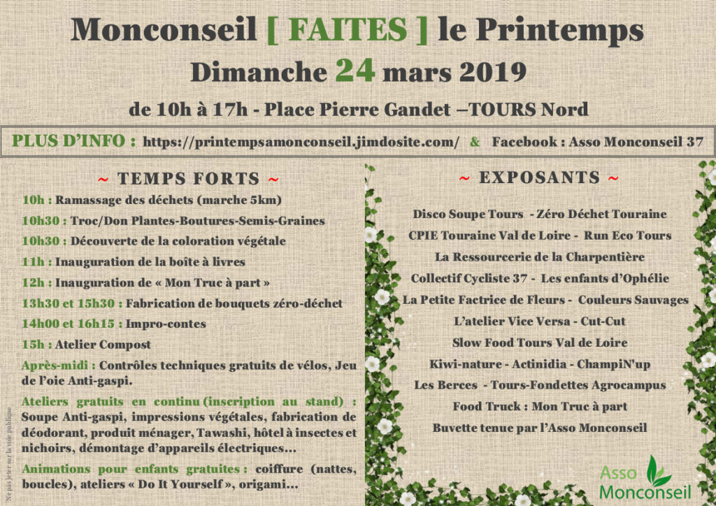 Programme de Monconseil Faites le Printemps, dimanche 24 mars 2019 à Tours nord.