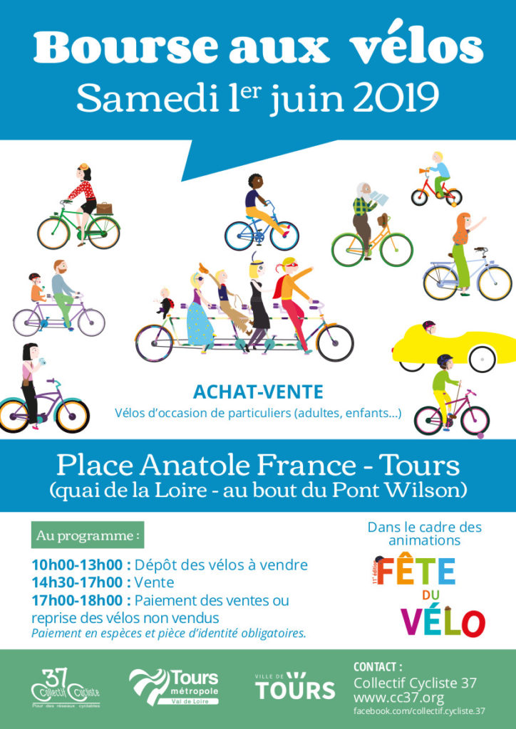 Affiche de la bourse aux vélos d'occasion 2019 organisée par le Collectif Cycliste 37 en partenariat avec la Ville de Tours et Tours Métropole Val de Loire. @CC37/EszettAffiche de la bourse aux vélos d'occasion 2019 organisée par le Collectif Cycliste 37 en partenariat avec le Ville de Tours et Tours Métropole Val de Loire. @CC37. Réalisation : Eszett