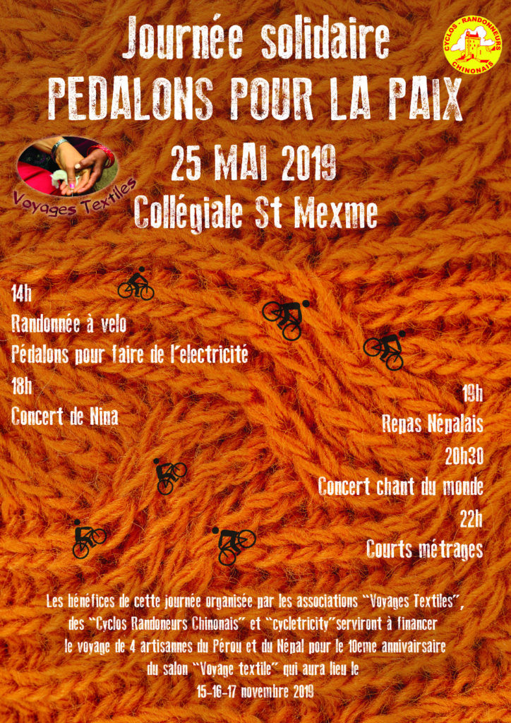 Flyer de la Journée solidaire « Pédalons pour la Paix », qui se déroule le samedi 25 mai 2019 à la Collégiale Saint-Mexme à Chinon