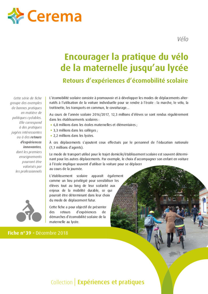 Couverture de la fiche vélo du CEREMA : "Encourager la pratique du vélo de la maternelle jusqu'au lycée", décembre 2018, 16 p.