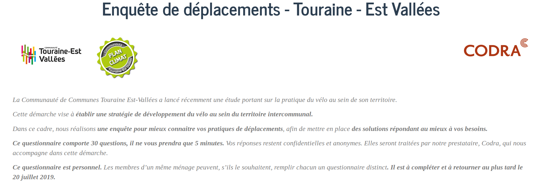 Enquête déplacements 2019 lancée par la Communauté de Communes Touraine Est Vallées.