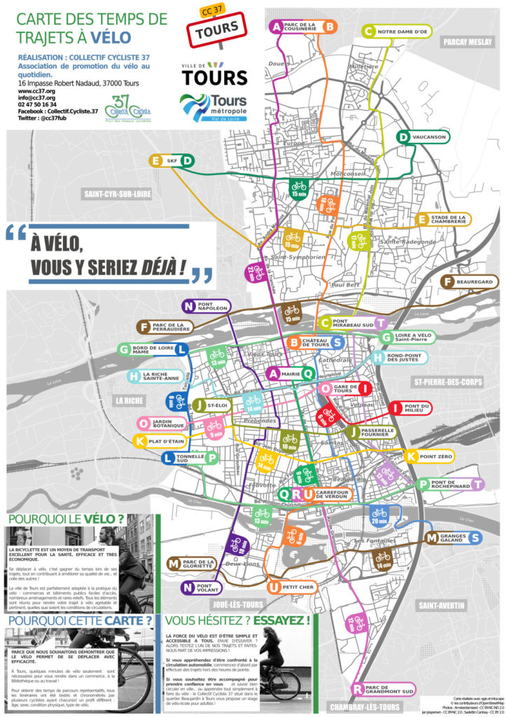 Carte des temps de trajets à vélo de la ville de Tours. @Conception et réalisation : Collectif Cycliste 37, avec le soutien du Syndicat des Mobilités de Touraine, 2019.