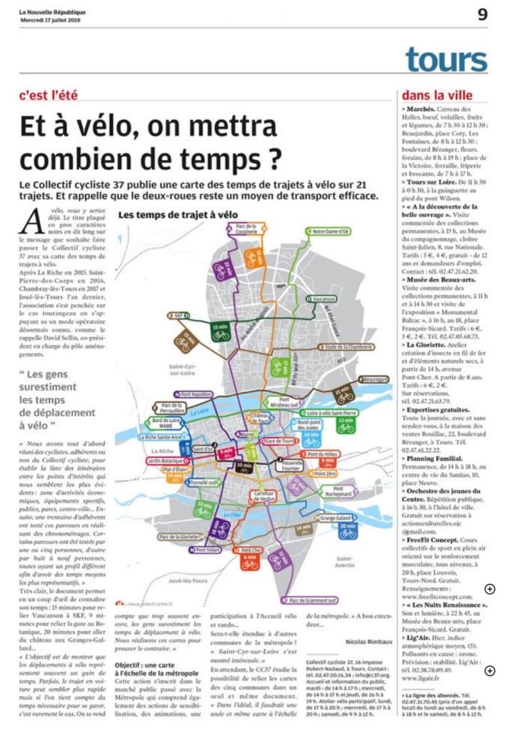 Nicolas Rimbaux. CARTE. Tours : comment mieux connaître ses temps de parcours à vélo. Nouvelle République, 17 juillet 2019.