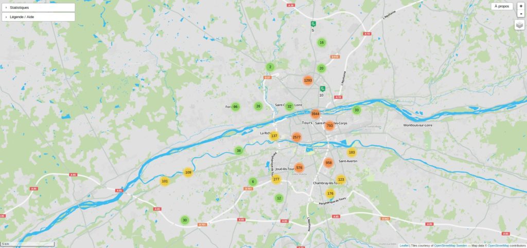Carte des quelques 11 500 places de stationnement vélos existant sur le territoire de Tours Métropole Val de Loire. Capture d'écran de juillet 2019.