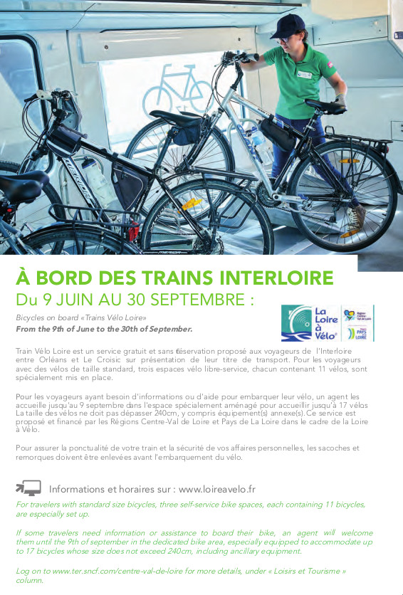 Conditions d'accès des vélos à bord des trains Interloire (Loire à vélo) du 9 juin au 30 septembre 2019. @SNCF, 2019.