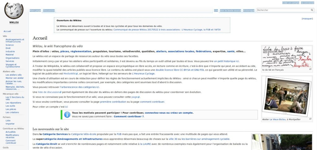 Page d'accueil du Wiklou, le wiki francophone du vélo