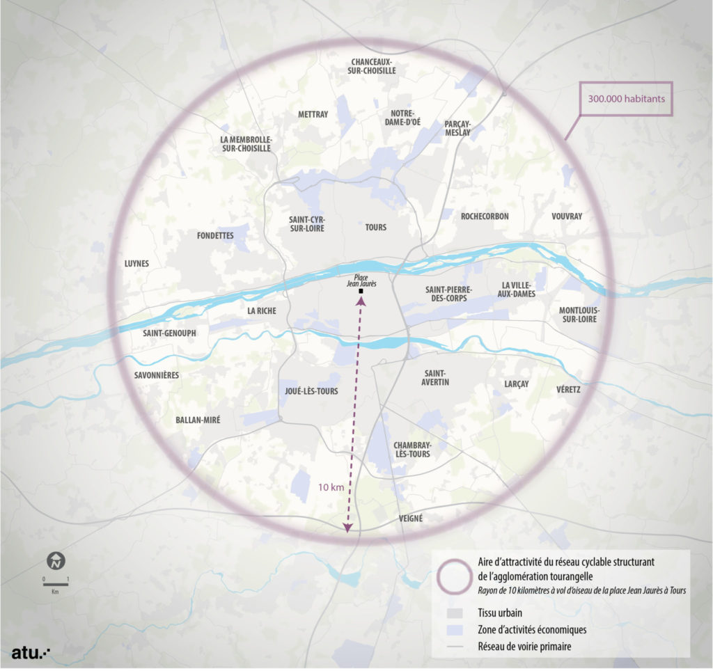 Aire d’attractivité du réseau cyclable structurant de l'agglomération tourangelle. @Agence d’urbanisme de l’agglomération Tourangelle (ATU), Question de mobilité n° 13, octobre 2018.