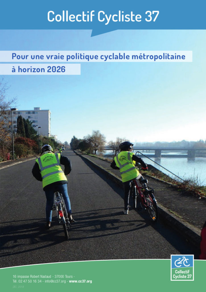 "Pour une vraie politique cyclable métropolitaine à horizon 2026", contribution du Collectif Cycliste 37 à la campagne des municipales de 2020 sur Tours Métropole Val de Loire, couverture du dossier de presse.@Collectif Cycliste 37, 3 décembre 2019.