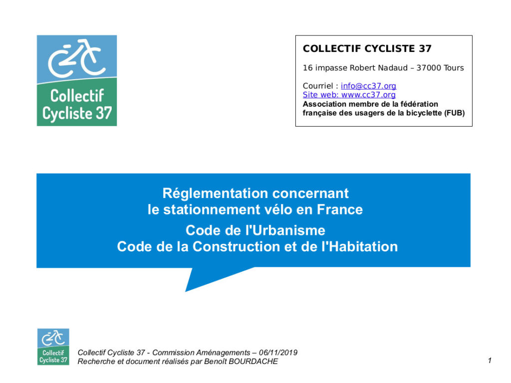 Législation concernant le stationnement vélo en France. Document mis à jour à la date du 6 novembre 2019.