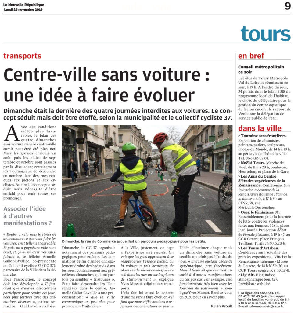 Julien Proult. Centre-ville sans voiture : une idée à faire évoluer. Nouvelle République, 25 novembre 2019. @Nouvelle République