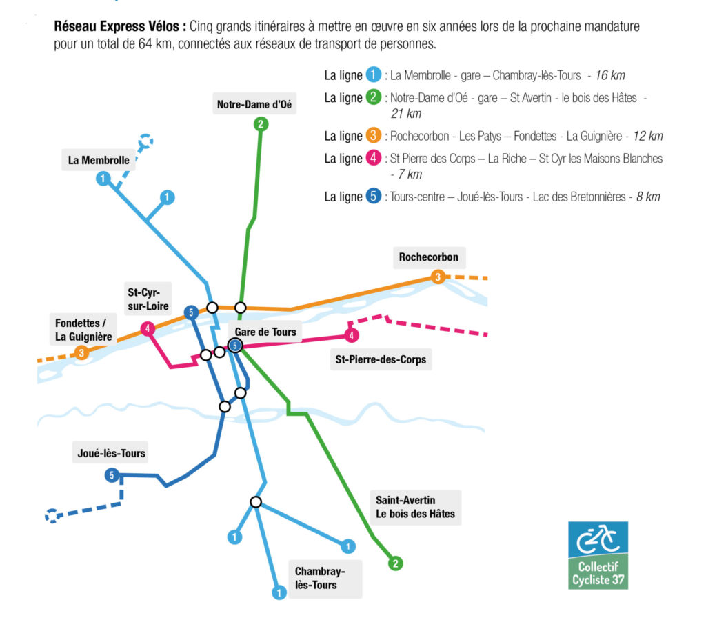5 lignes pour un futur Réseau Express Vélos de la métropole tourangelle. @Collectif cycliste 37