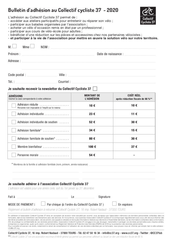 Bulletin d'adhésion au Collectif Cycliste 37 pour l'année 2020