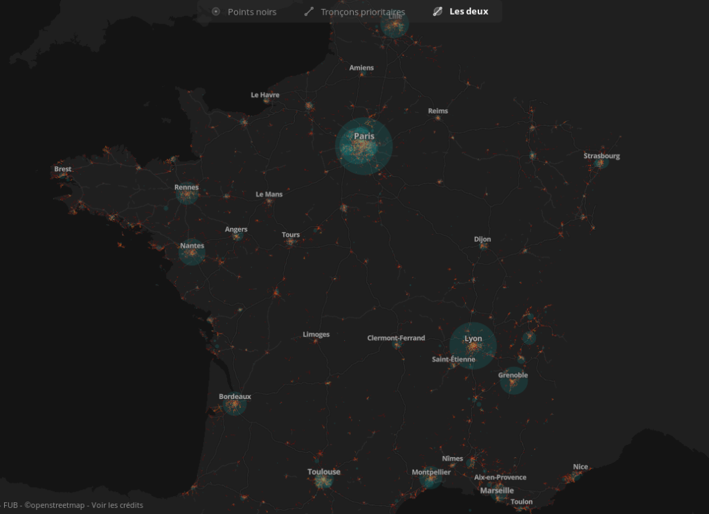 Carte collaborative des points noirs et tronçons à aménager de façon prioritaire en France à l'issue du Baromètre des villes cyclables 2019.@Laurent Nison et Bruno Adelé - FUB