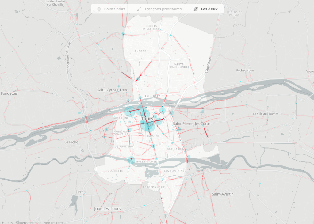 Carte collaborative des points noirs et tronçons à aménager de façon prioritaire à Tours et sur l'agglomération tourangelle à l'issue du Baromètre des villes cyclables 2019.@Laurent Nison et Bruno Adelé - FUB