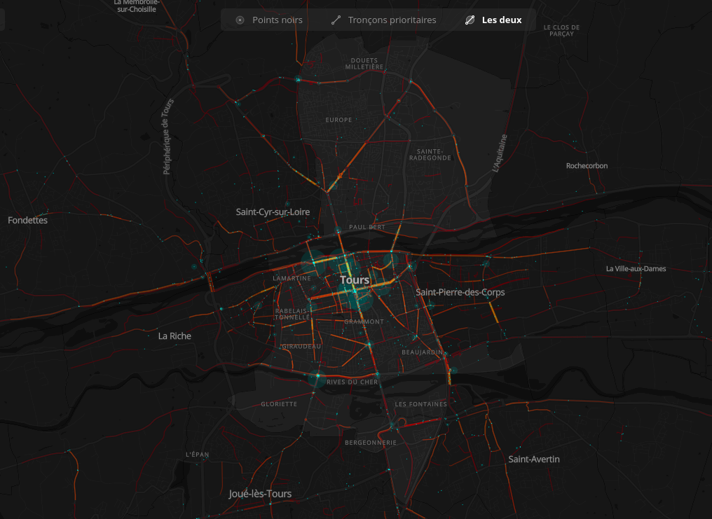 Carte collaborative des points noirs et tronçons à aménager de façon prioritaire à Tours et sur l'agglomération tourangelle à l'issue du Baromètre des villes cyclables 2019.@Laurent Nison et Bruno Adelé - FUB