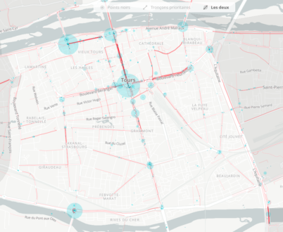 Carte collaborative des points noirs et tronçons à aménager de façon prioritaire à Tours centre à l'issue du Baromètre des villes cyclables 2019.@Laurent Nison et Bruno Adelé - FUB