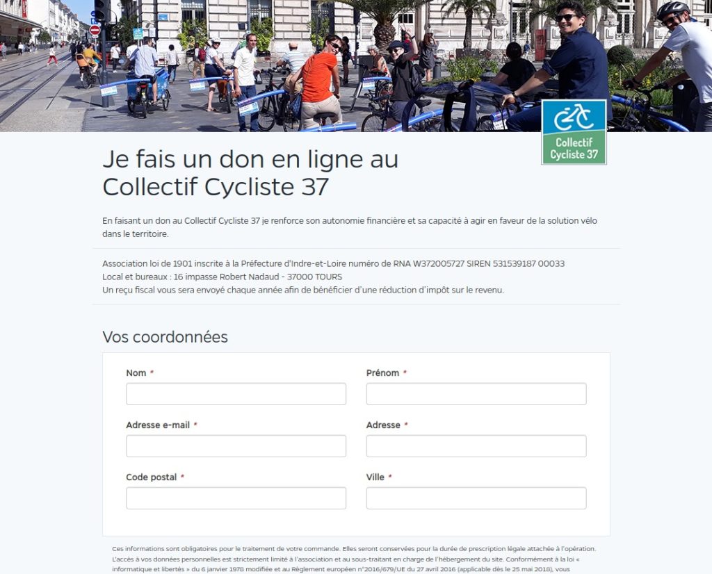 Vue de la plateforme sécurisée payassociation.fr qui permet de faire un don en ligne au Collectif Cycliste 37.