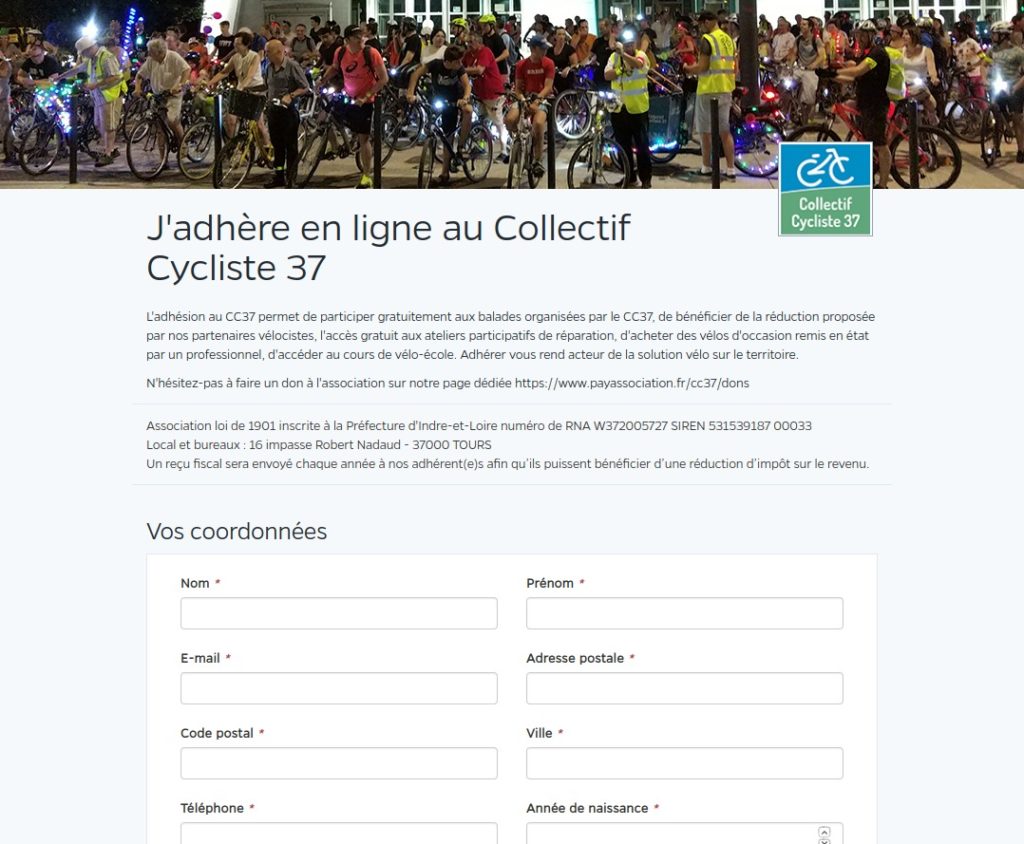 Vue de la plateforme sécurisée payassociation.fr qui permet d'adhérer en ligne au Collectif Cycliste 37.