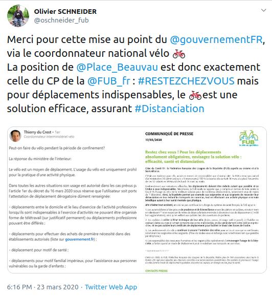 Tweet d'Olivier Schneider, président de la FUB en date du 23 mars 2020 concernant le vélo comme mode de déplacement pendant le confinement.