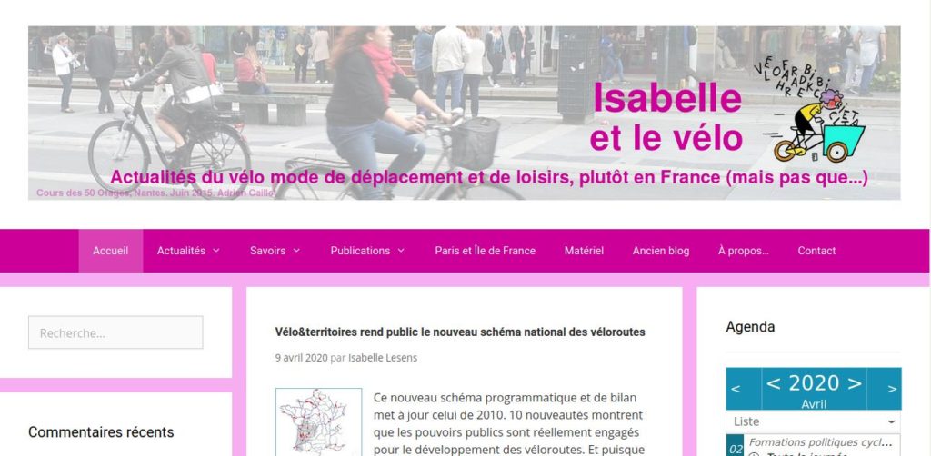 Capture d'écran de la page d'accueil du blog Isabelle et le vélo en date du 11 avril 2020.