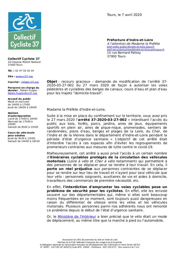 Courrier du du Collectif Cycliste 37 à l'attention de Madame la Préfète d’Indre-et-Loire en date du 7 avril 2020, page 1.