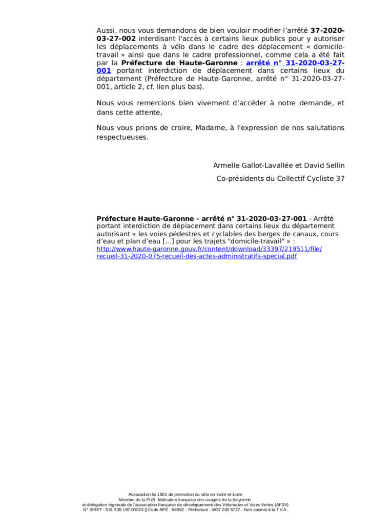 Courrier du du Collectif Cycliste 37 à l'attention de Madame la Préfète d’Indre-et-Loire en date du 7 avril 2020, page 2.