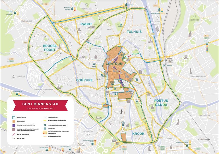 Les 5 zones interdites aux véhicules privés, dont la zone centrale, représentent 51 ha. depuis le 3 avril 2017. Il s'agit du plus grand piétonnier commercial de Flandre.