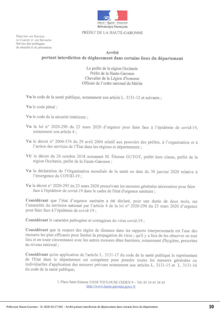 Préfecture de Haute-Garonne : arrêté n° 31-2020-03-27-001 portant interdiction de déplacement dans certains lieux du département.