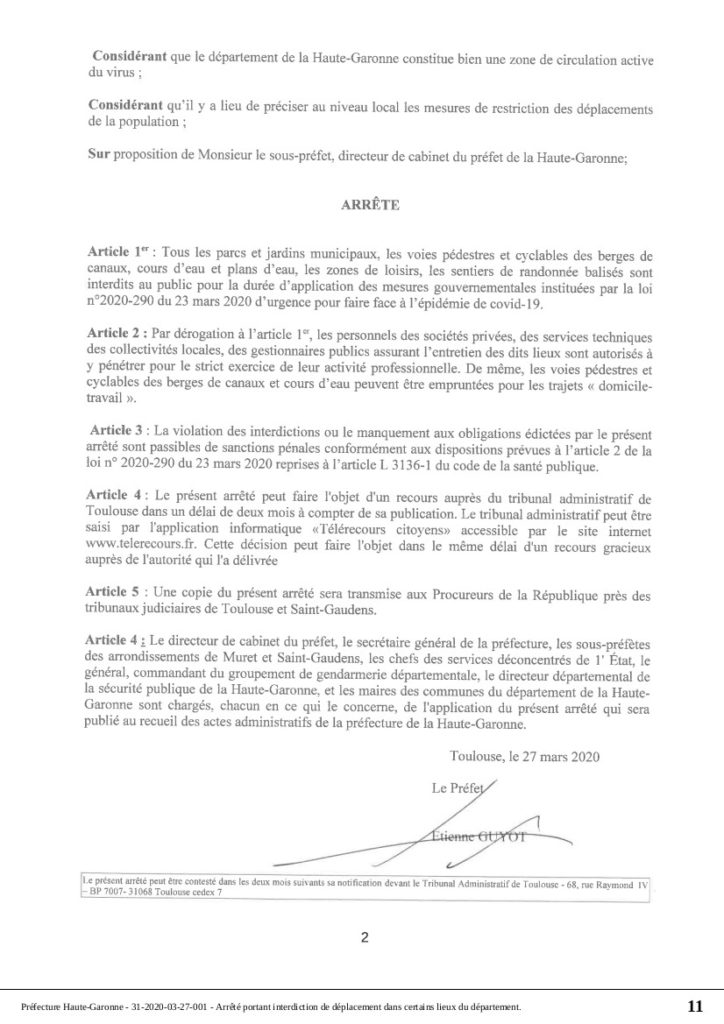 Préfecture de Haute-Garonne : arrêté n° 31-2020-03-27-001 portant interdiction de déplacement dans certains lieux du département.