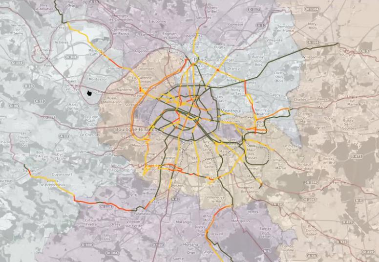 Dans son travail de propositions d’aménagements cyclables temporaires, le Collectif vélo Île-de-France a élaboré une carte de travail avec un code couleur : vert (déjà fait), jaune (facile à aménager), orange (moyennement difficile à aménager) et rouge (difficile à aménager).