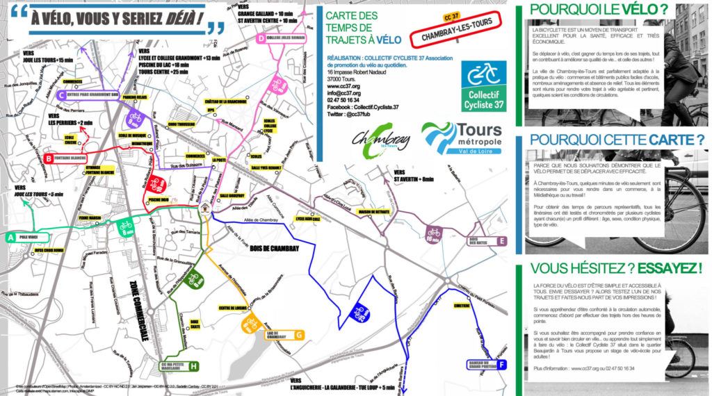 Carte des temps de trajets à vélo sur la commune de Chambray-lès-Tours. @CC37, 2017.