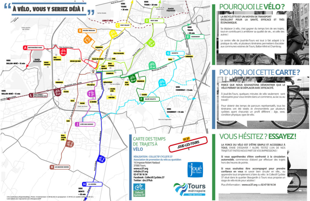 Carte des temps de trajets à vélo sur la commune de Joué-lès-Tours. @CC37, 2018.