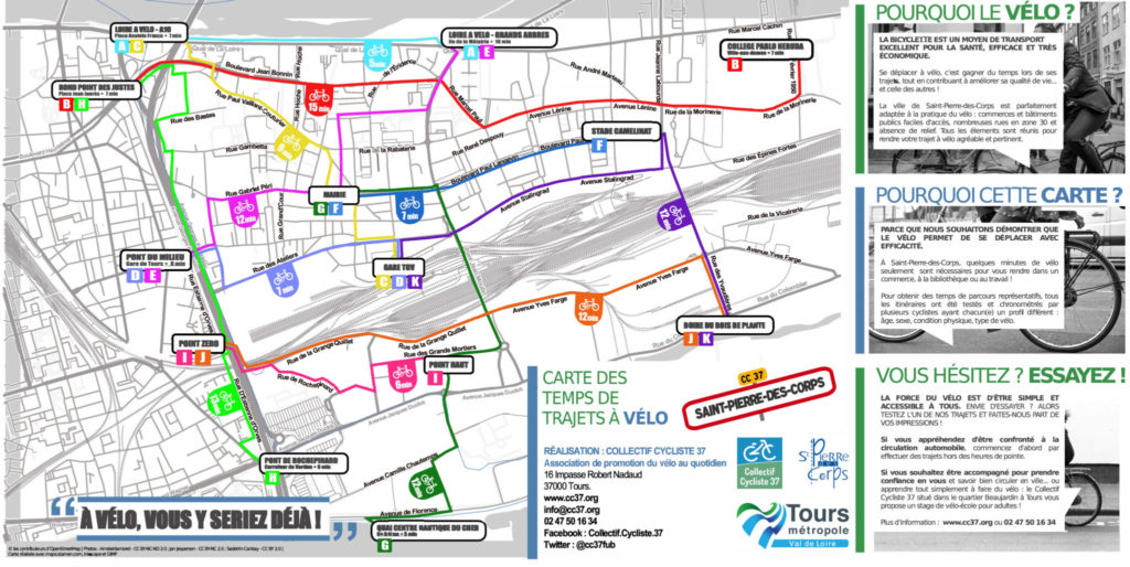 Carte des temps de trajets à vélo sur la commune de Saint-Pierre-des-Corps. @CC37, 2016.