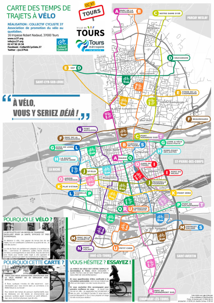 Carte des temps de trajets à vélo sur la commune de Tours. @CC37, 2019.