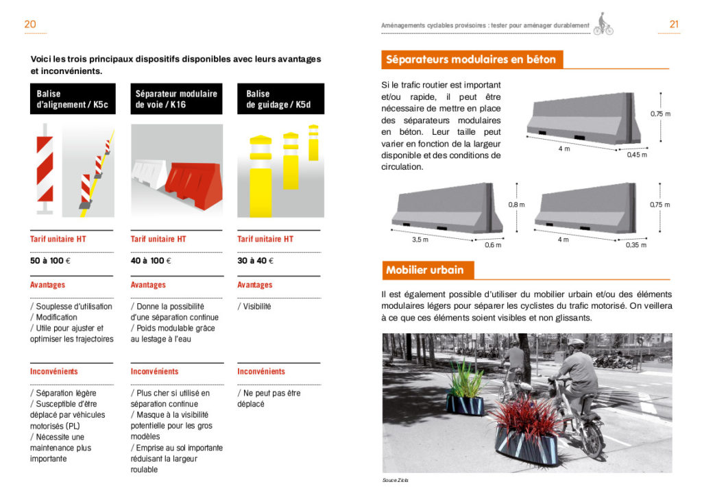 Cerema : guide express « Aménagements cyclables provisoires : tester pour aménager durablement ». Ed. Les Cahiers du Cerema, mai 2020.