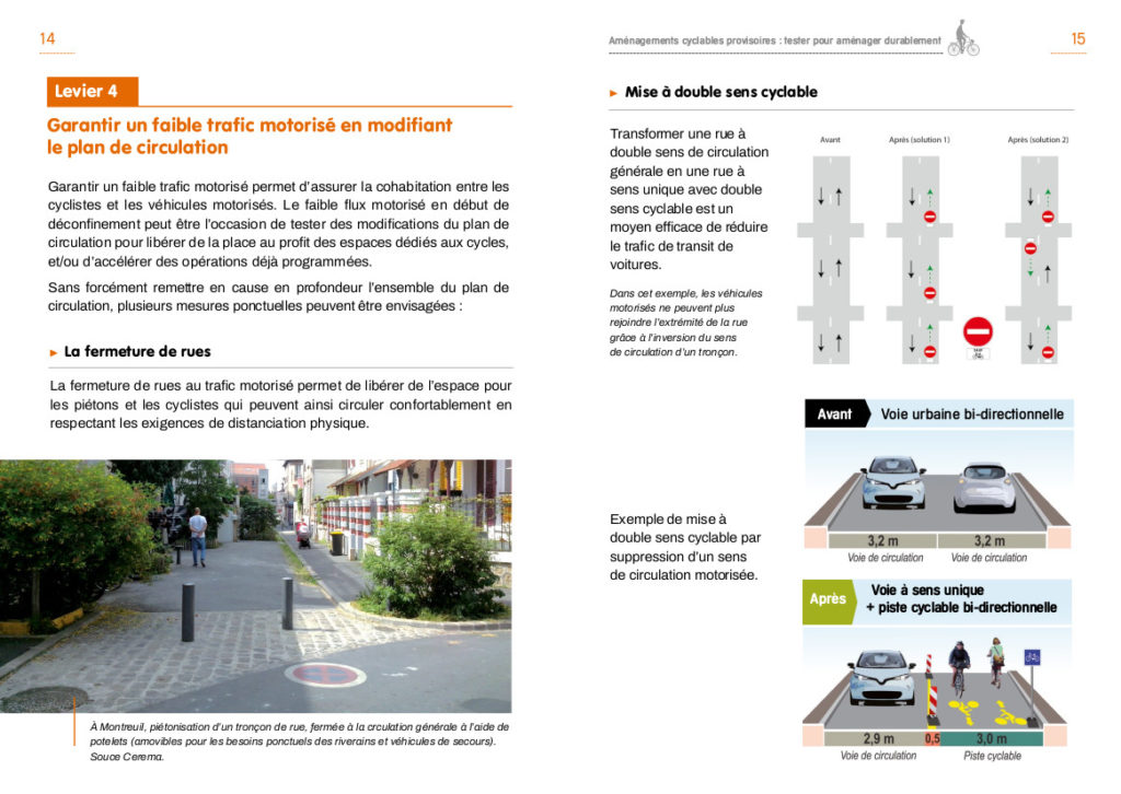 Cerema : guide express « Aménagements cyclables provisoires : tester pour aménager durablement ». Ed. Les Cahiers du Cerema, mai 2020.