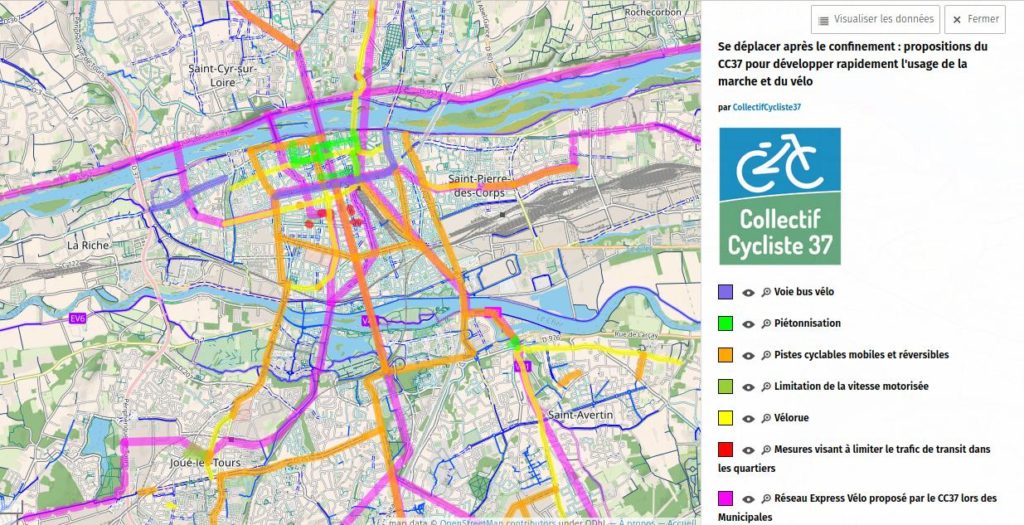 Carte récapitulative des propositions du Collectif Cycliste 37. uMap / OpenStreetMap, 2020