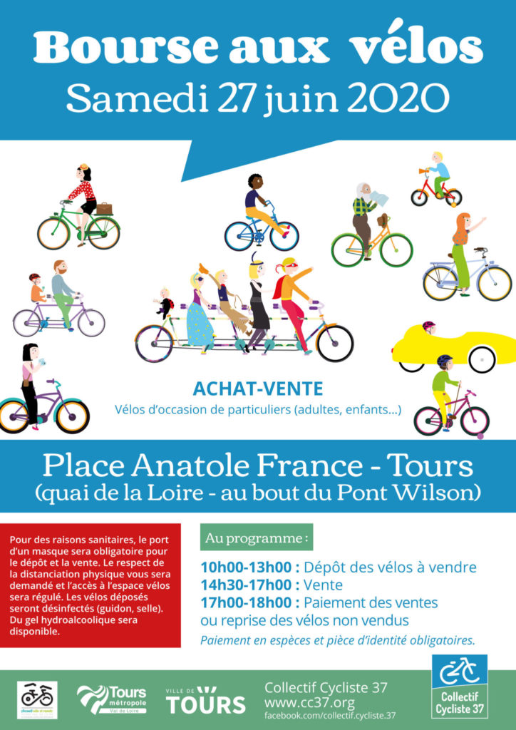 Affiche de la bourse aux vélos d'occasion 2020 organisée par le Collectif Cycliste 37 et le Syndicat des Mobilités de Touraine en partenariat avec la Ville de Tours et Tours Métropole Val de Loire. @CC37 / réalisation : Eszett