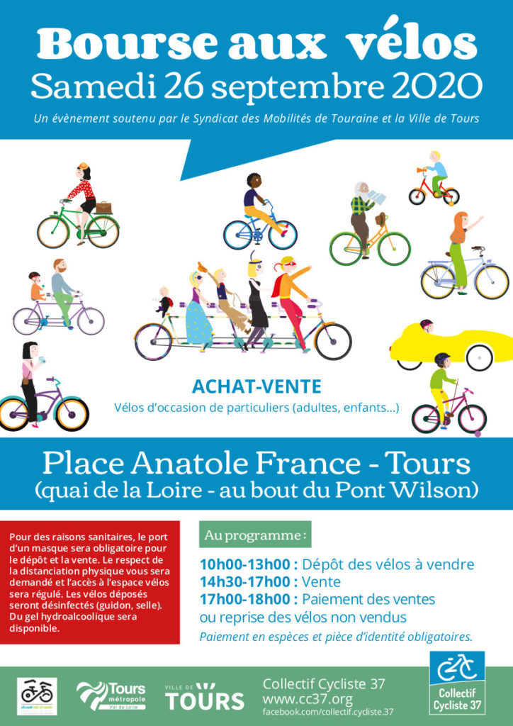 Affiche de la bourse aux vélos d'occasion du samedi 26 septembre 2020 organisée par le Collectif Cycliste 37 et le Syndicat des Mobilités de Touraine en partenariat avec la Ville de Tours et Tours Métropole Val de Loire. @CC37 / réalisation : Eszett