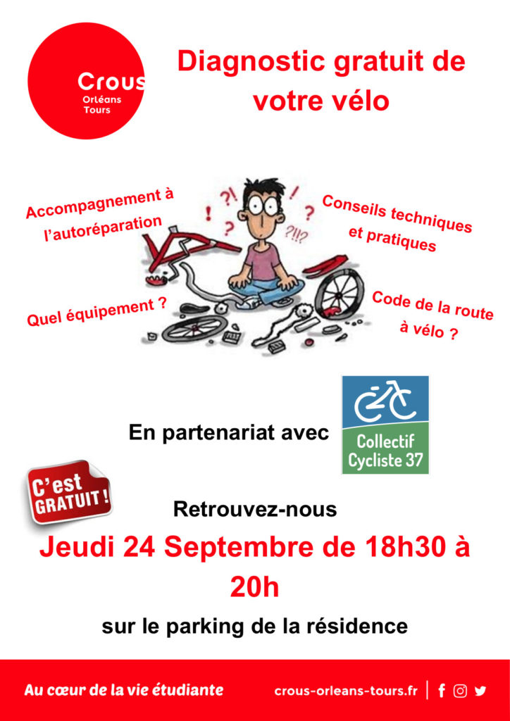 Affiche du CROUS Orléans-Tours "Diagnostic gratuit de votre vélo". Une action en partenariat avec le CLOUS de Tours et le Collectif Cycliste 37. @CROUS Orléans-Tours