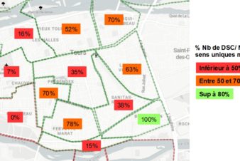 Pourcentage de voies en double-sens cyclable dans les différents quartiers de Tours centre (entre Loire et Cher). Source : Observatoire des doubles-sens cyclables (version Octobre 2020) créé par le Collectif Cycliste 37.